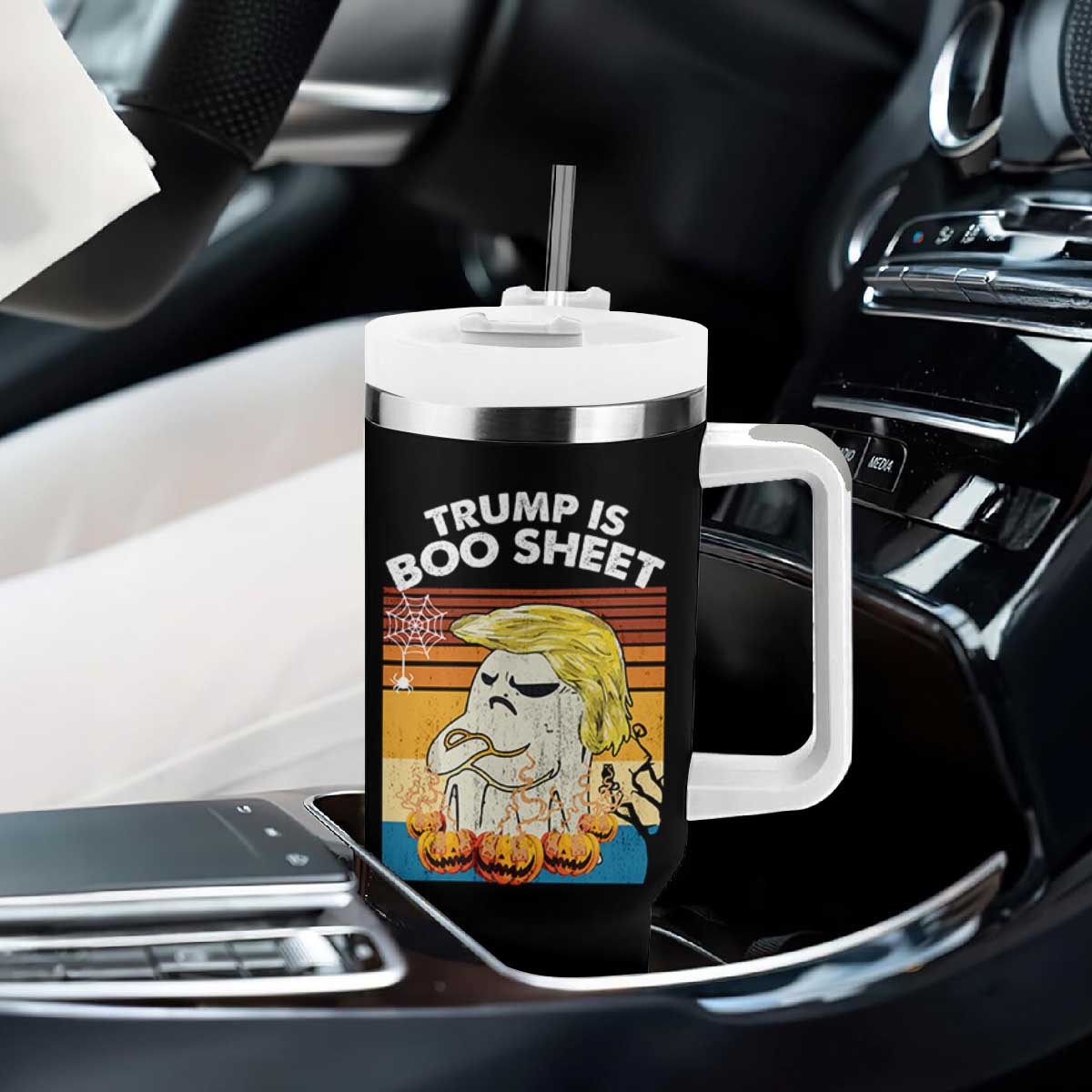 Funny Trump Is Boo Sheet Tumbler With Handle Ghost Retro Halloween Ghost Custome TS10 Print Your Wear
