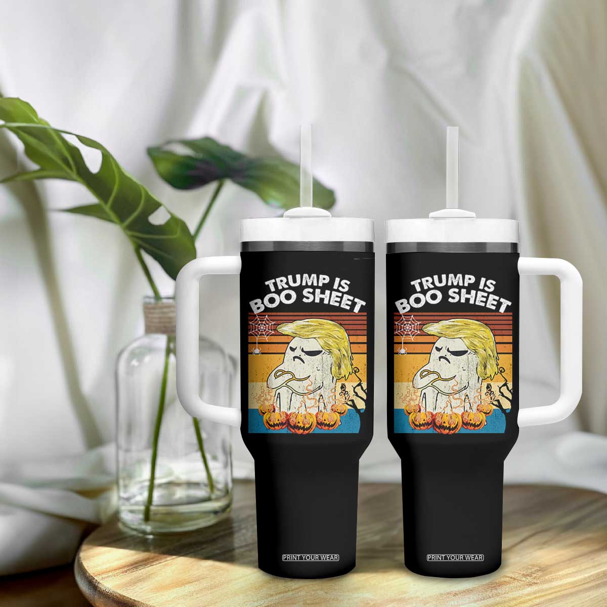 Funny Trump Is Boo Sheet Tumbler With Handle Ghost Retro Halloween Ghost Custome TS10 Print Your Wear