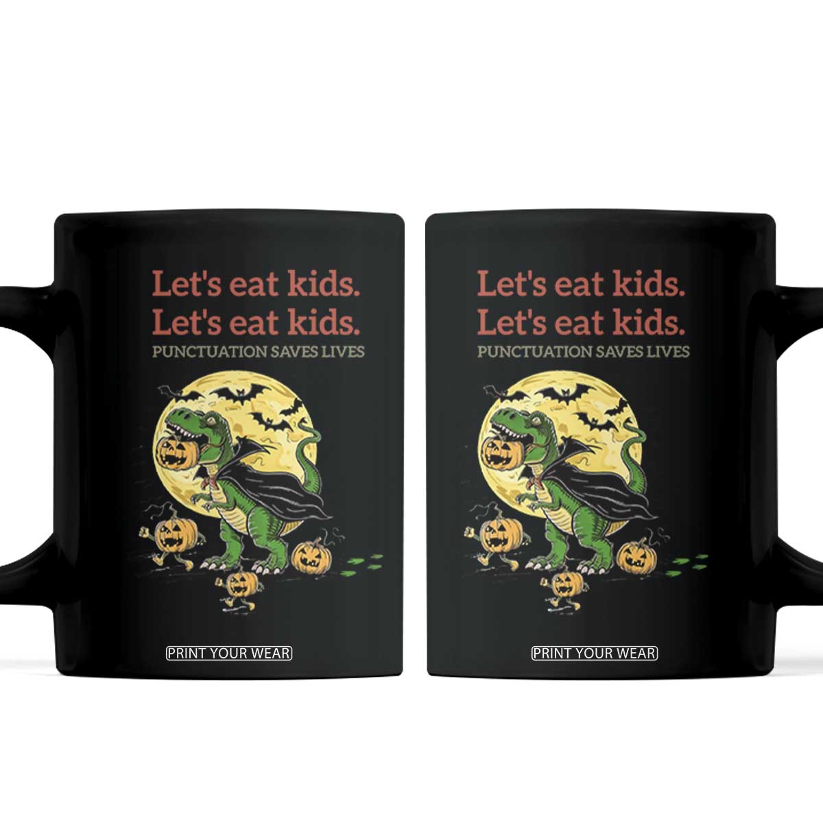Grammar English Teacher Coffee Mug Funny Halloween Dinosaurs Pumpkin Punctuation Saves Lives TS10 Black Print Your Wear