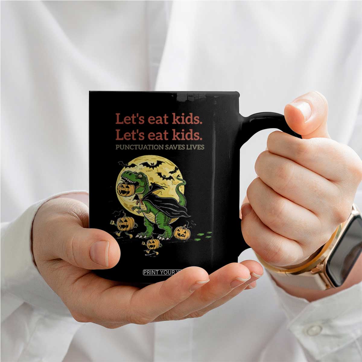 Grammar English Teacher Coffee Mug Funny Halloween Dinosaurs Pumpkin Punctuation Saves Lives TS10 Print Your Wear