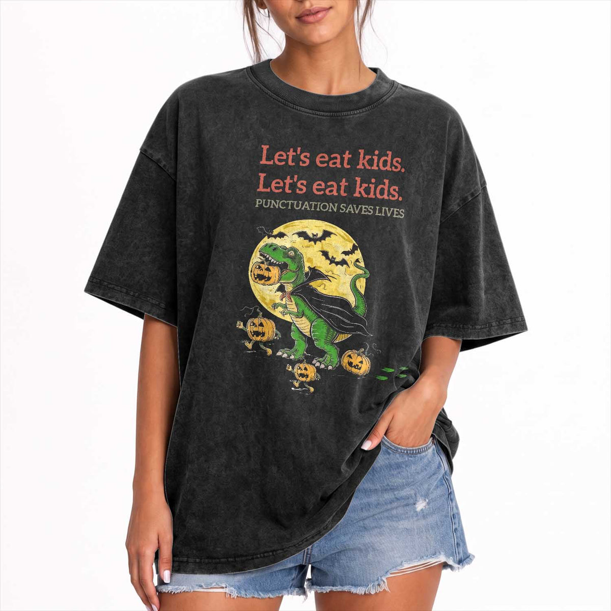 Grammar English Teacher Washed Cotton T-Shirt Funny Halloween Dinosaurs Pumpkin Punctuation Saves Lives