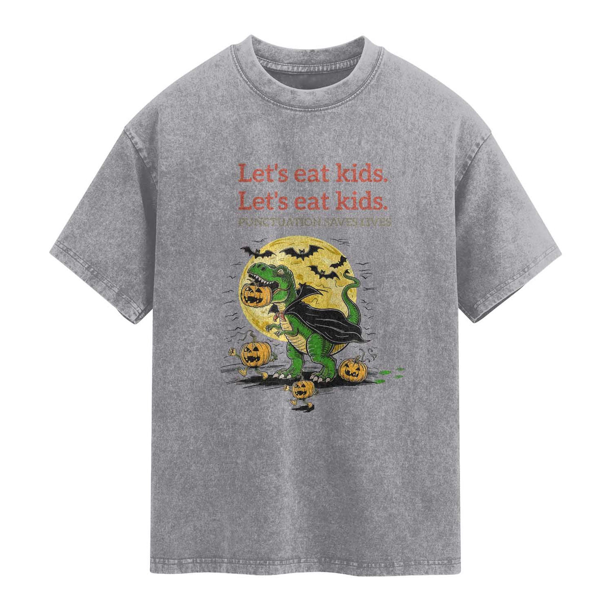 Grammar English Teacher Washed Cotton T-Shirt Funny Halloween Dinosaurs Pumpkin Punctuation Saves Lives