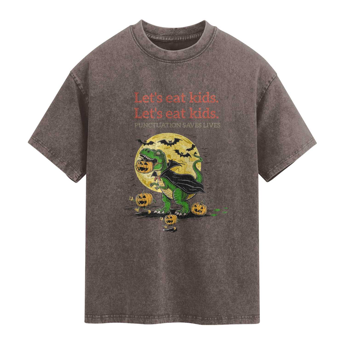 Grammar English Teacher Washed Cotton T-Shirt Funny Halloween Dinosaurs Pumpkin Punctuation Saves Lives