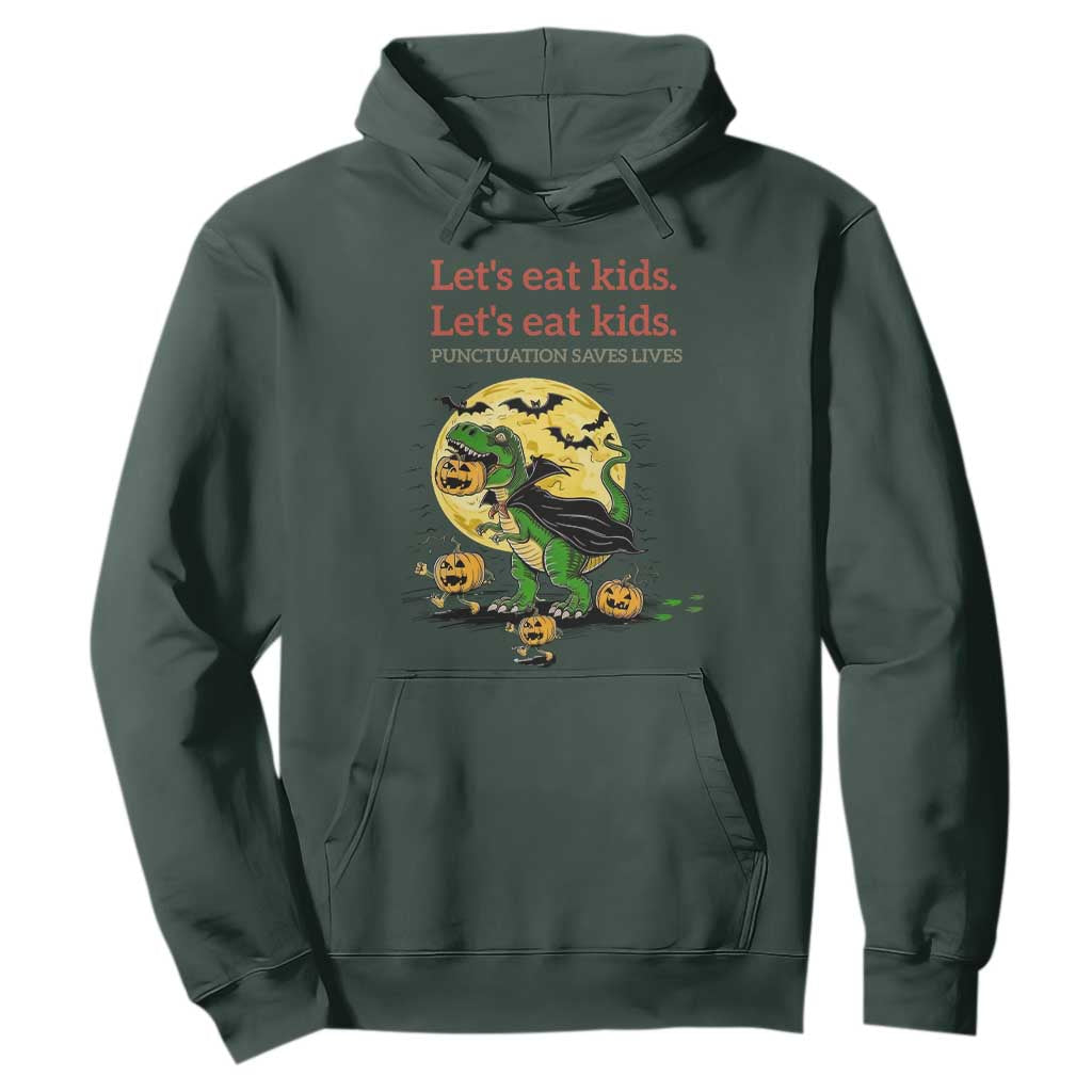 Grammar English Teacher Hoodie Funny Halloween Dinosaurs Pumpkin Punctuation Saves Lives TS10 Dark Forest Green Print Your Wear