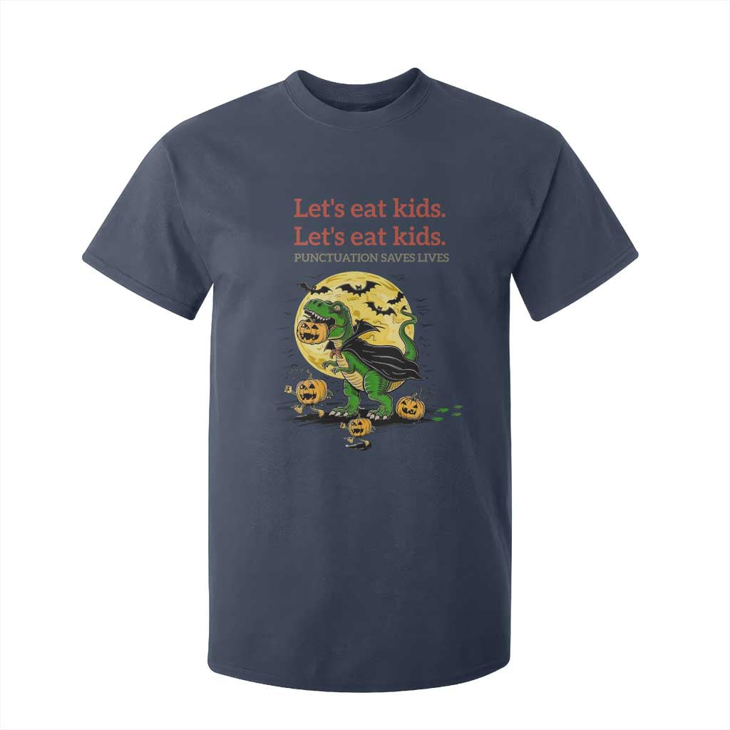 Grammar English Teacher T Shirt For Kid Funny Halloween Dinosaurs Pumpkin Punctuation Saves Lives TS10 Navy Print Your Wear