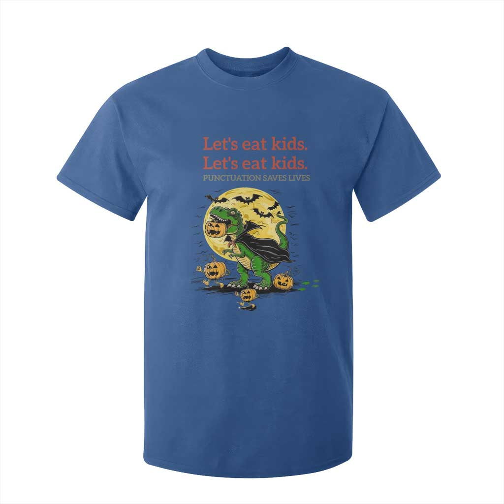 Grammar English Teacher T Shirt For Kid Funny Halloween Dinosaurs Pumpkin Punctuation Saves Lives TS10 Royal Blue Print Your Wear