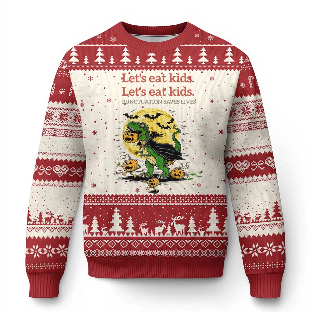 Grammar English Teacher Ugly Christmas Sweater Funny Halloween Dinosaurs Pumpkin Punctuation Saves Lives TS10 Beige Red Print Your Wear