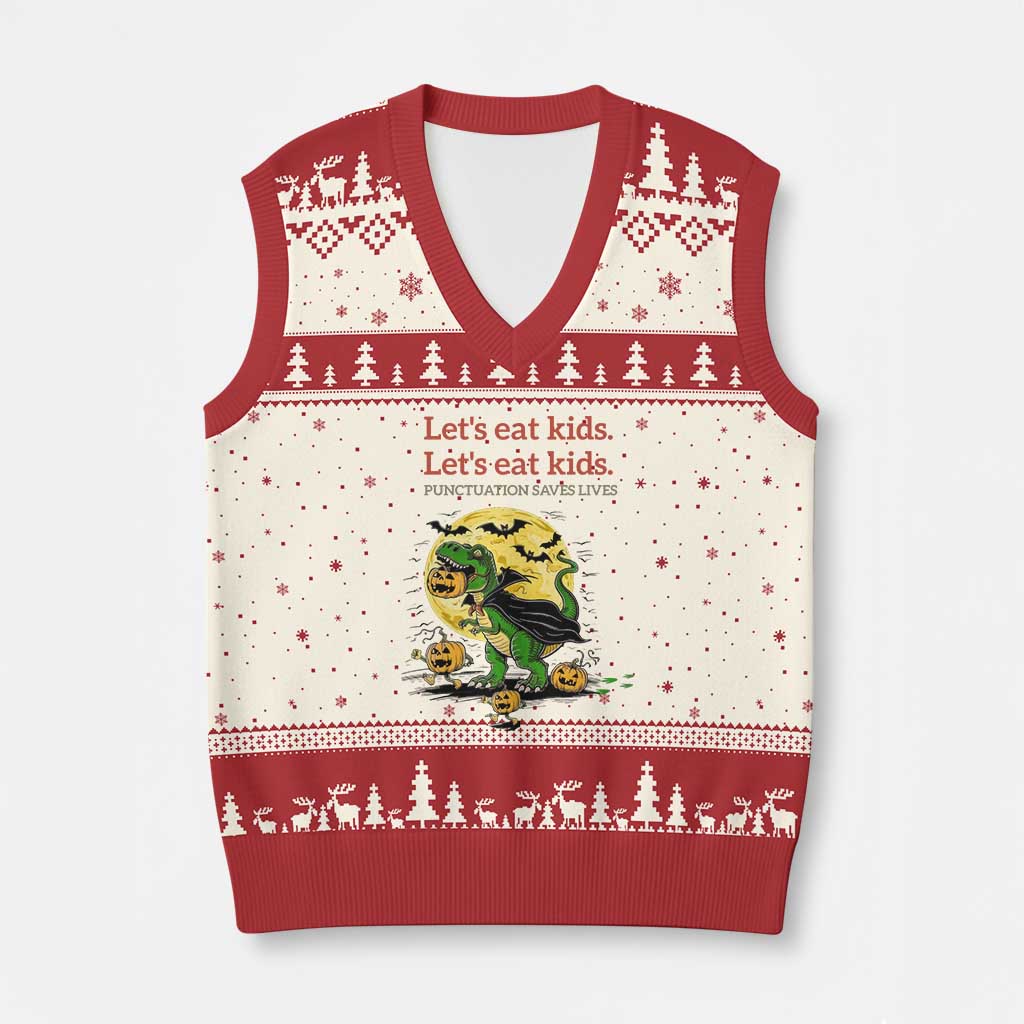 Grammar English Teacher V-Neck Knit Sweater Vest Funny Halloween Dinosaurs Pumpkin Punctuation Saves Lives TS10 Beige Red Print Your Wear