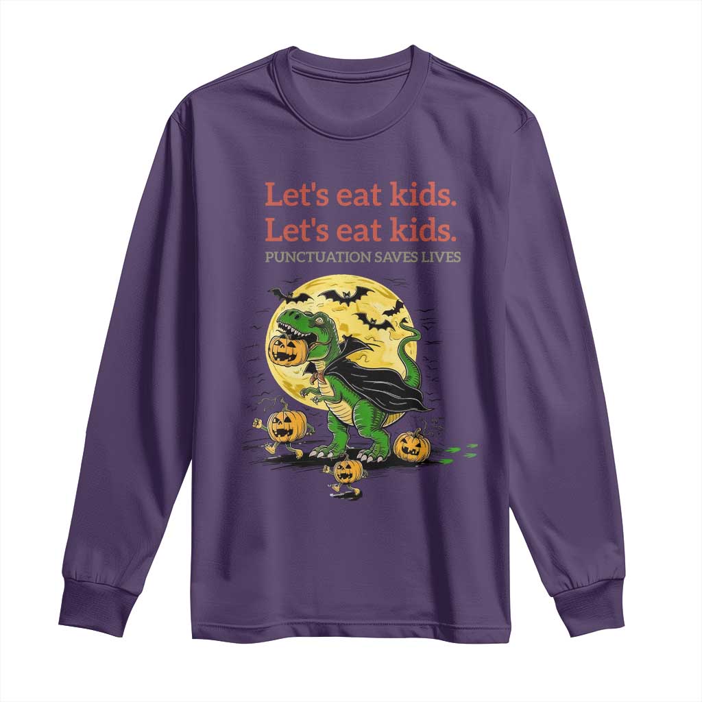 Grammar English Teacher Long Sleeve Shirt Funny Halloween Dinosaurs Pumpkin Punctuation Saves Lives TS10 Purple Print Your Wear
