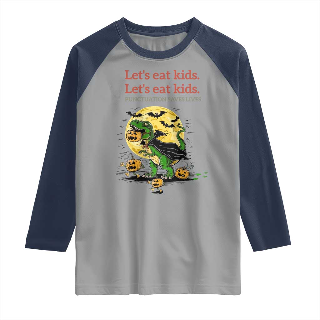 Grammar English Teacher Raglan Shirt Funny Halloween Dinosaurs Pumpkin Punctuation Saves Lives TS10 Sport Gray Navy Print Your Wear