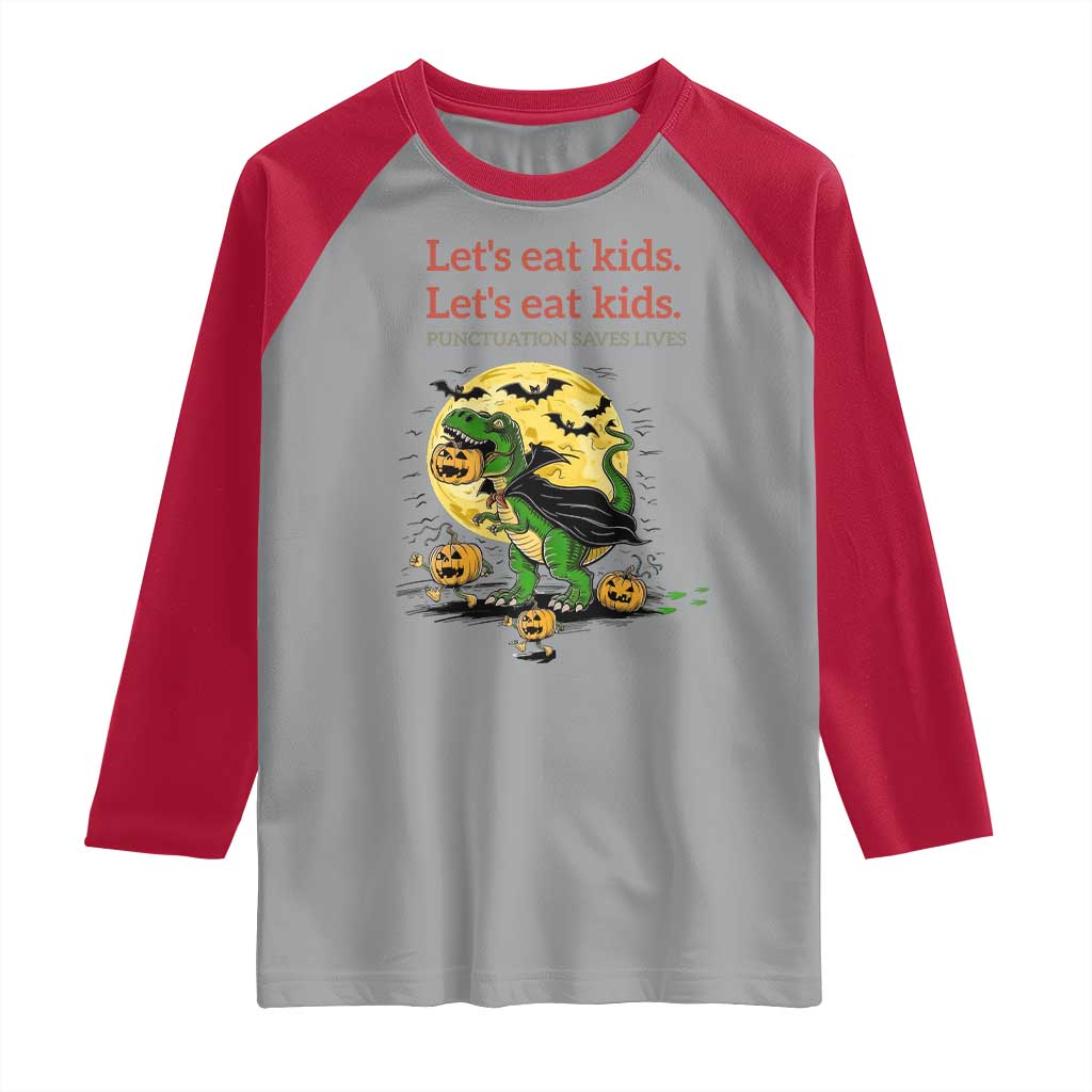 Grammar English Teacher Raglan Shirt Funny Halloween Dinosaurs Pumpkin Punctuation Saves Lives TS10 Sport Gray Red Print Your Wear