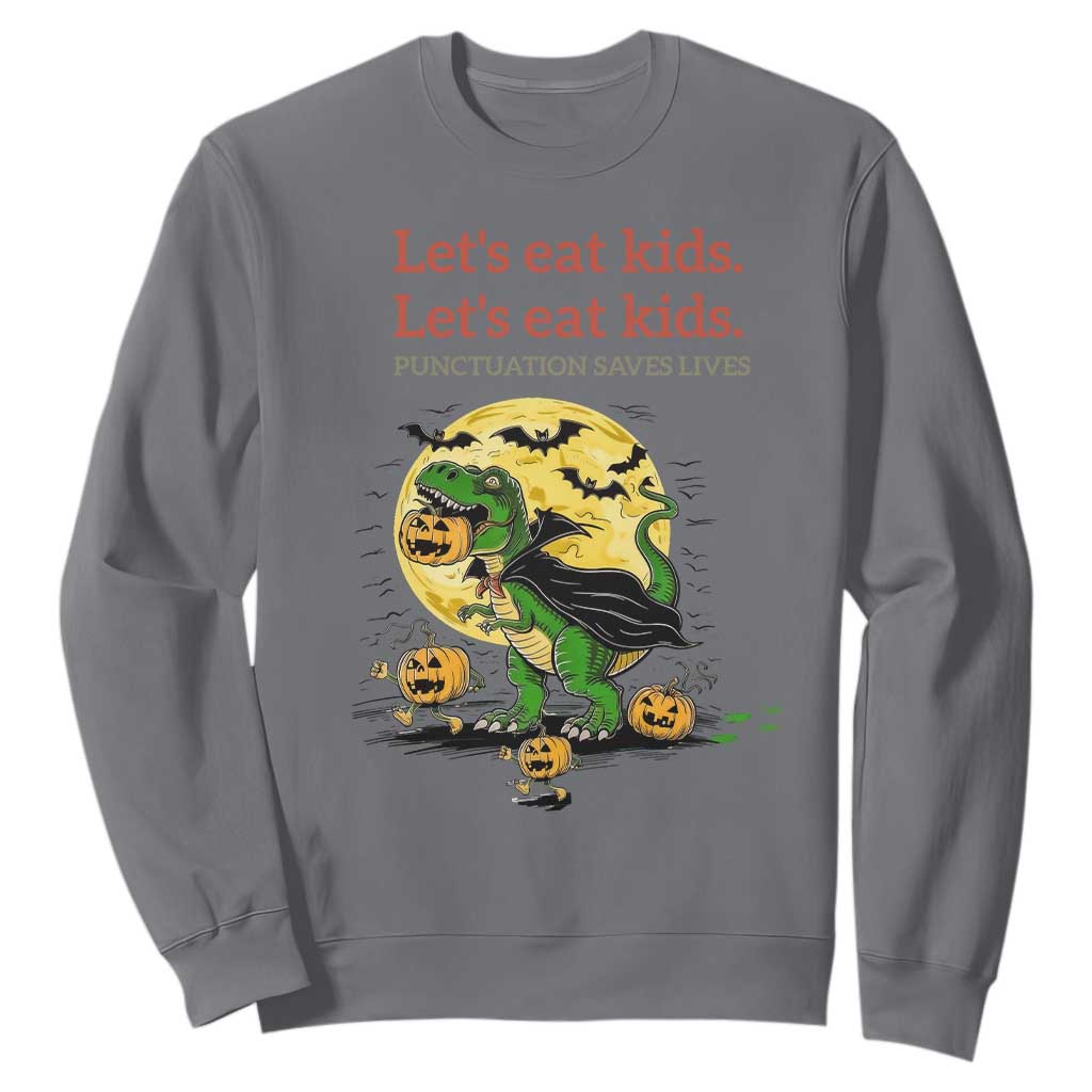 Grammar English Teacher Sweatshirt Funny Halloween Dinosaurs Pumpkin Punctuation Saves Lives TS10 Charcoal Print Your Wear