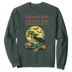 Grammar English Teacher Sweatshirt Funny Halloween Dinosaurs Pumpkin Punctuation Saves Lives TS10 Dark Forest Green Print Your Wear