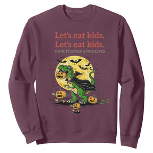 Grammar English Teacher Sweatshirt Funny Halloween Dinosaurs Pumpkin Punctuation Saves Lives TS10 Maroon Print Your Wear
