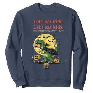 Grammar English Teacher Sweatshirt Funny Halloween Dinosaurs Pumpkin Punctuation Saves Lives TS10 Navy Print Your Wear