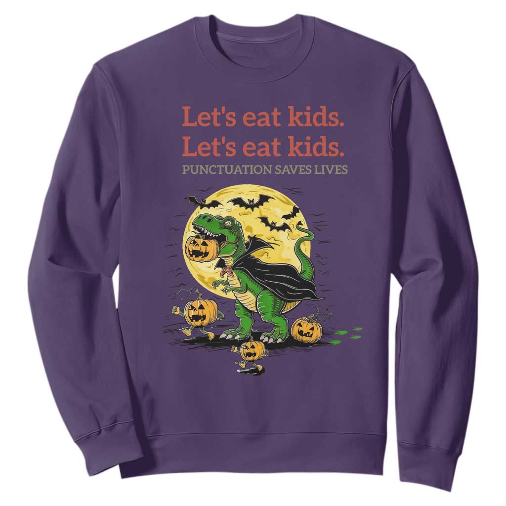 Grammar English Teacher Sweatshirt Funny Halloween Dinosaurs Pumpkin Punctuation Saves Lives TS10 Purple Print Your Wear