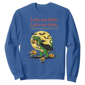 Grammar English Teacher Sweatshirt Funny Halloween Dinosaurs Pumpkin Punctuation Saves Lives TS10 Royal Blue Print Your Wear