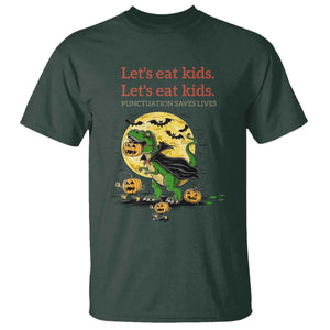 Grammar English Teacher T Shirt Funny Halloween Dinosaurs Pumpkin Punctuation Saves Lives TS10 Dark Forest Green Print Your Wear