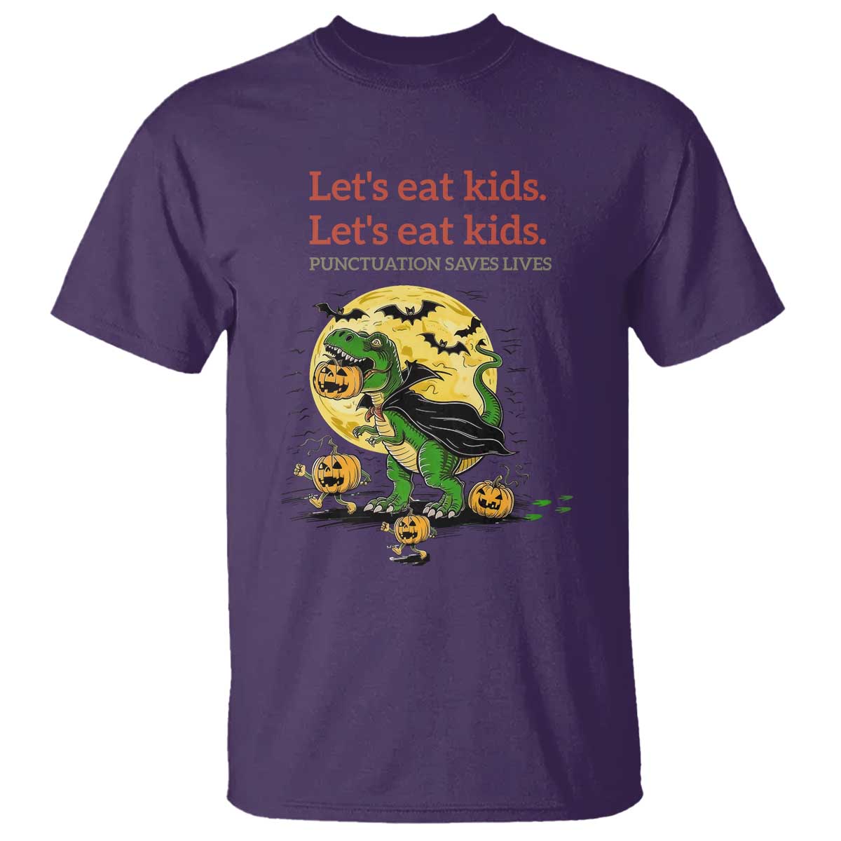 Grammar English Teacher T Shirt Funny Halloween Dinosaurs Pumpkin Punctuation Saves Lives TS10 Purple Print Your Wear