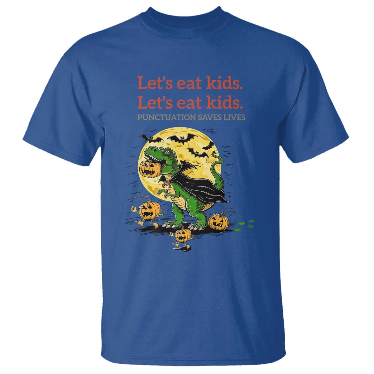 Grammar English Teacher T Shirt Funny Halloween Dinosaurs Pumpkin Punctuation Saves Lives TS10 Royal Blue Print Your Wear