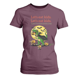Grammar English Teacher T Shirt For Women Funny Halloween Dinosaurs Pumpkin Punctuation Saves Lives TS10 Maroon Print Your Wear