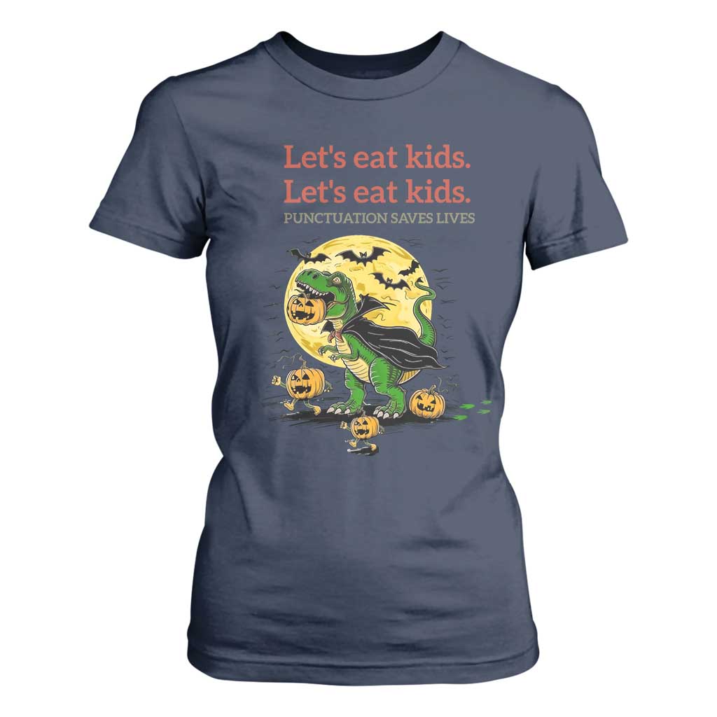 Grammar English Teacher T Shirt For Women Funny Halloween Dinosaurs Pumpkin Punctuation Saves Lives TS10 Navy Print Your Wear