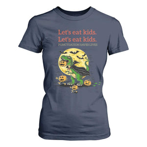Grammar English Teacher T Shirt For Women Funny Halloween Dinosaurs Pumpkin Punctuation Saves Lives TS10 Navy Print Your Wear