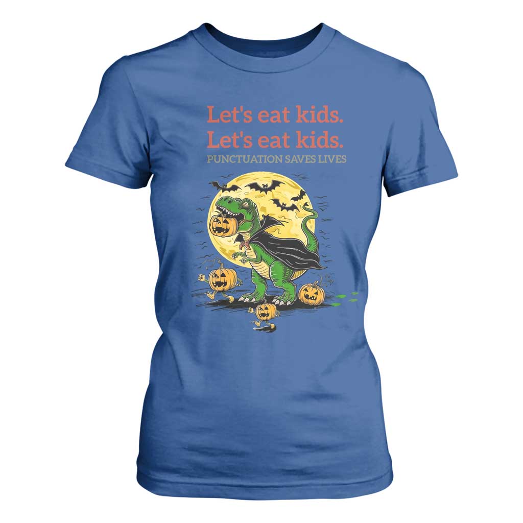Grammar English Teacher T Shirt For Women Funny Halloween Dinosaurs Pumpkin Punctuation Saves Lives TS10 Royal Blue Print Your Wear