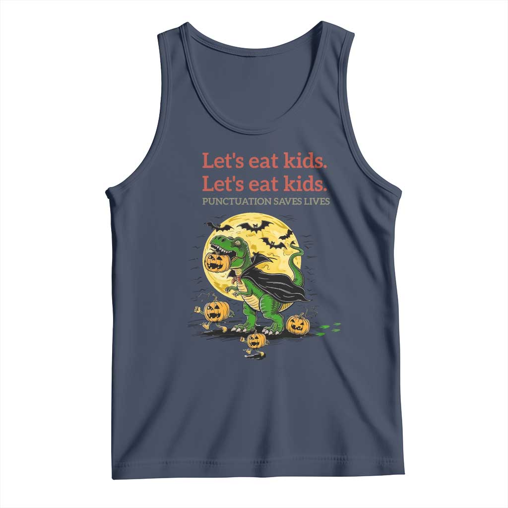 Grammar English Teacher Tank Top Funny Halloween Dinosaurs Pumpkin Punctuation Saves Lives TS10 Navy Print Your Wear