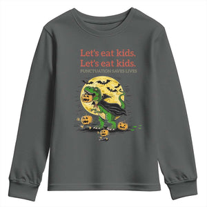 Grammar English Teacher Youth Sweatshirt Funny Halloween Dinosaurs Pumpkin Punctuation Saves Lives TS10 Dark Heather Print Your Wear