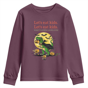 Grammar English Teacher Youth Sweatshirt Funny Halloween Dinosaurs Pumpkin Punctuation Saves Lives TS10 Maroon Print Your Wear