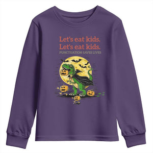 Grammar English Teacher Youth Sweatshirt Funny Halloween Dinosaurs Pumpkin Punctuation Saves Lives TS10 Purple Print Your Wear