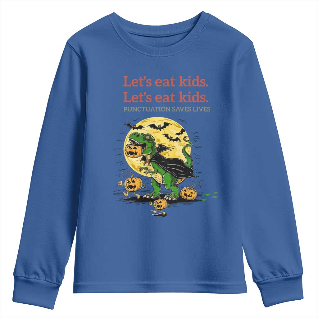 Grammar English Teacher Youth Sweatshirt Funny Halloween Dinosaurs Pumpkin Punctuation Saves Lives TS10 Royal Blue Print Your Wear