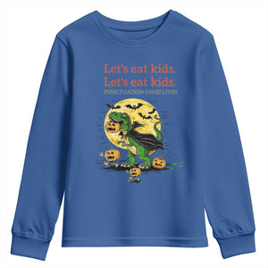 Grammar English Teacher Youth Sweatshirt Funny Halloween Dinosaurs Pumpkin Punctuation Saves Lives TS10 Royal Blue Print Your Wear