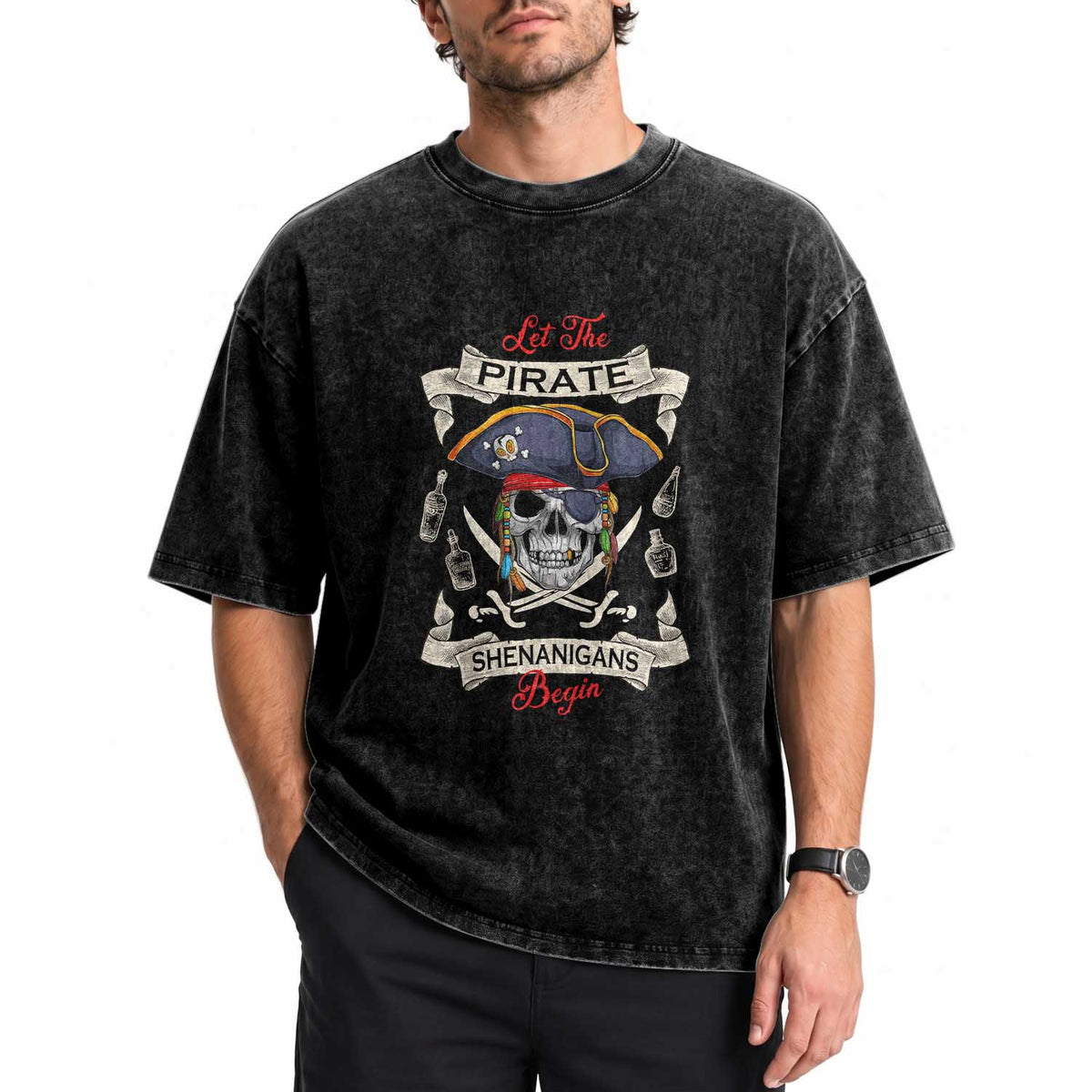 Skull Pirate Let The Pirate Shenanigans Begin Washed Cotton T-Shirt Halloween Crossbones Freebooter