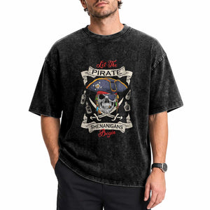Skull Pirate Let The Pirate Shenanigans Begin Washed Cotton T-Shirt Halloween Crossbones Freebooter