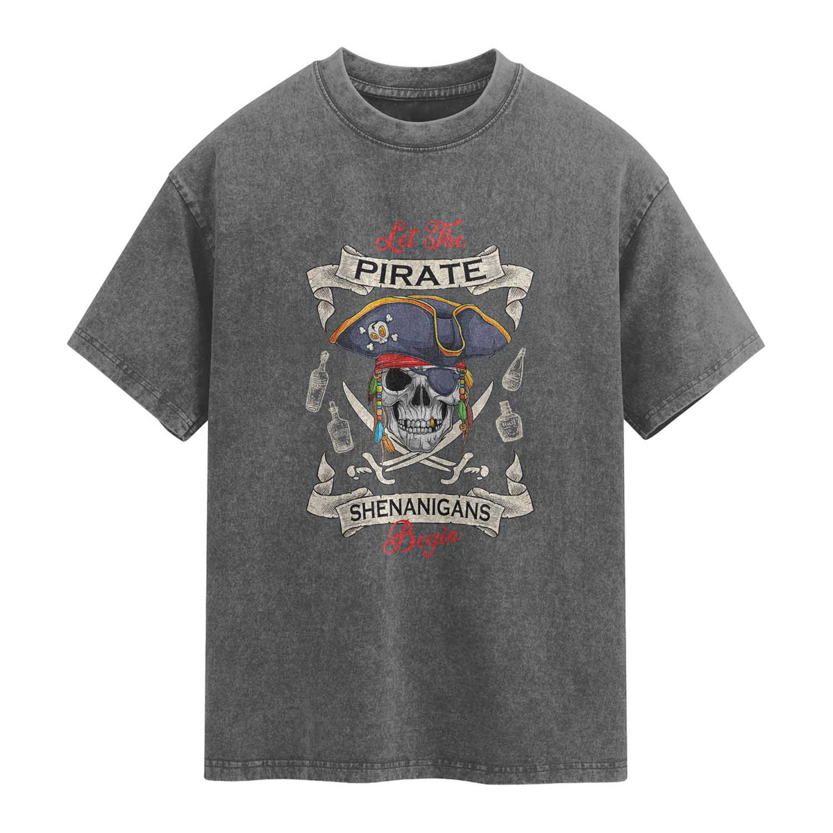 Skull Pirate Let The Pirate Shenanigans Begin Washed Cotton T-Shirt Halloween Crossbones Freebooter