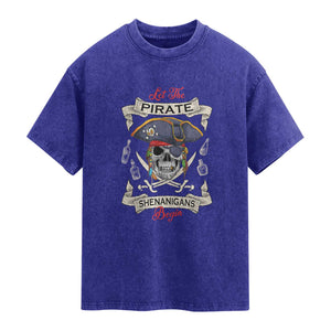 Skull Pirate Let The Pirate Shenanigans Begin Washed Cotton T-Shirt Halloween Crossbones Freebooter