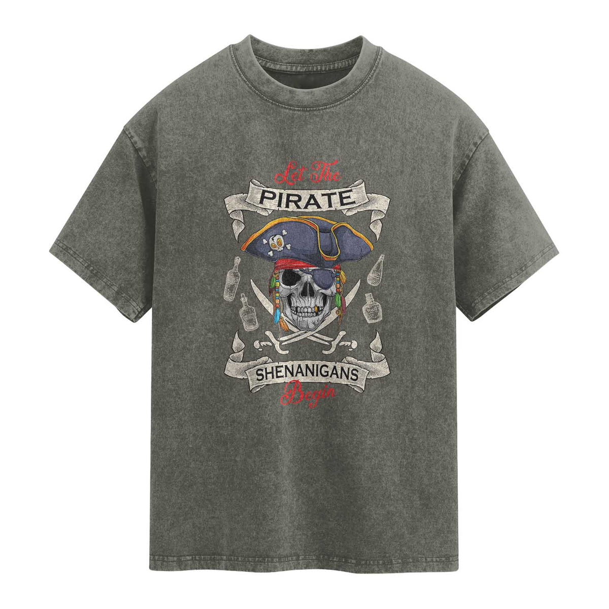 Skull Pirate Let The Pirate Shenanigans Begin Washed Cotton T-Shirt Halloween Crossbones Freebooter