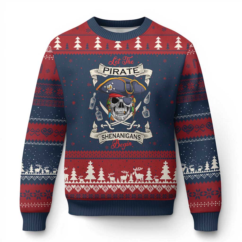 Skull Pirate Let The Pirate Shenanigans Begin Ugly Christmas Sweater Halloween Crossbones Freebooter TS10 Navy Red Print Your Wear
