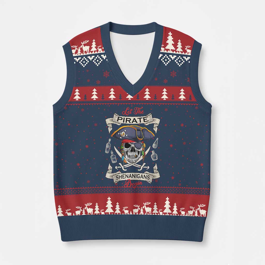 Skull Pirate Let The Pirate Shenanigans Begin V-Neck Knit Sweater Vest Halloween Crossbones Freebooter TS10 Navy Red Print Your Wear