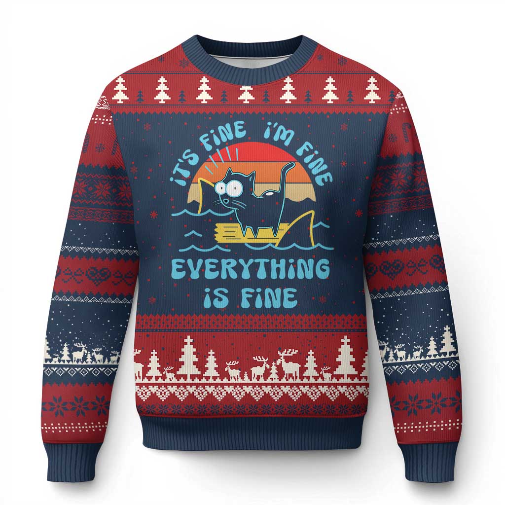 It's Fine I'm Fine Everything Is Fine Funny Cat Ugly Christmas Sweater Xmas Gift TS10 Navy Red Print Your Wear