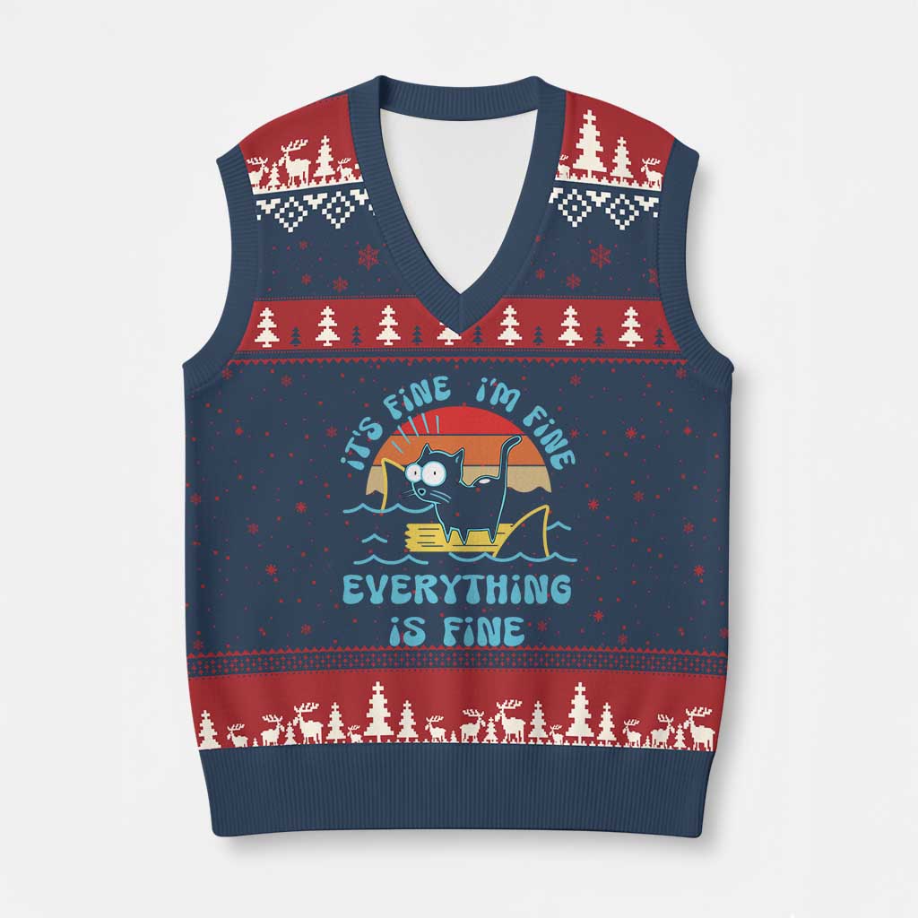 It's Fine I'm Fine Everything Is Fine Funny Cat V-Neck Knit Sweater Vest Xmas Gift TS10 Navy Red Print Your Wear