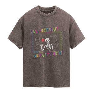 Funny Teacher Washed Cotton T-Shirt I'll Just Wait Until It's Quiet Leopard Teachers Skeleton