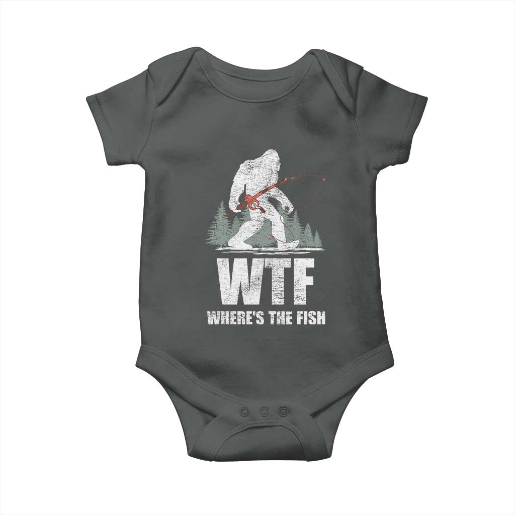 WTF Where's The Fish Baby Onesie Funny Fishing Gifts Bigfoot Sasquatch TS10 Dark Heather Print Your Wear
