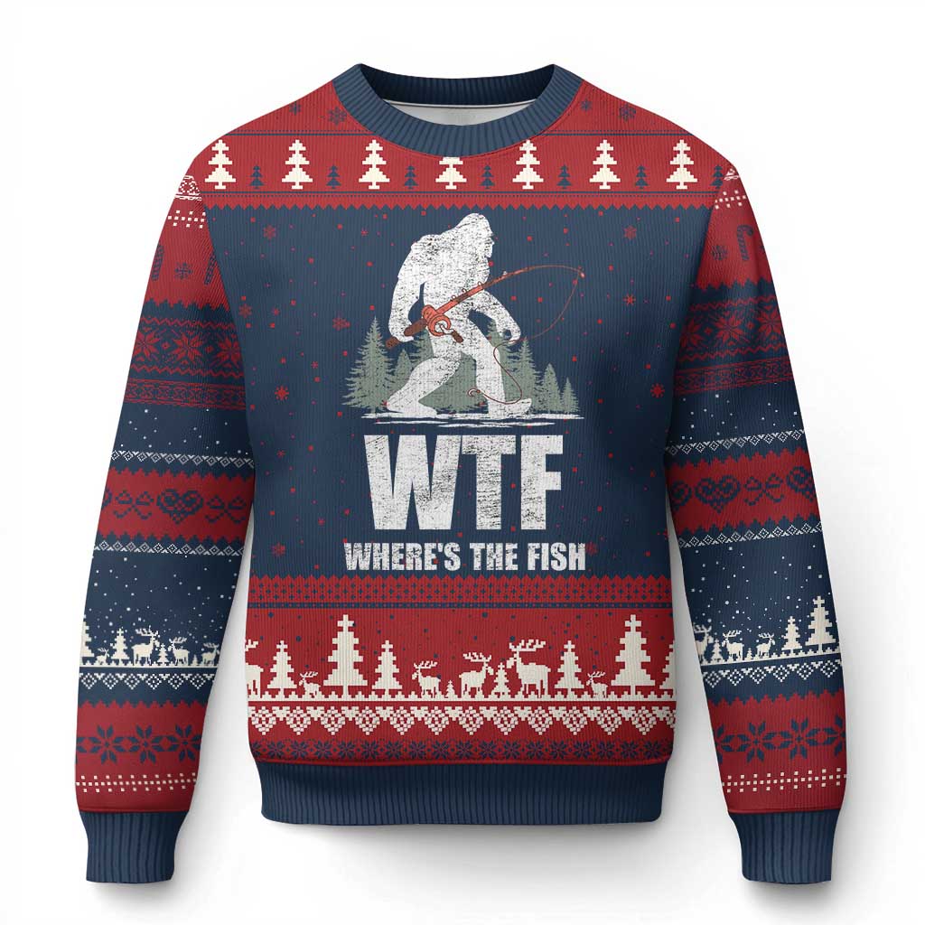 WTF Where's The Fish Ugly Christmas Sweater Funny Fishing Gifts Bigfoot Sasquatch TS10 Navy Red Print Your Wear