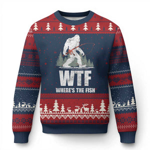 WTF Where's The Fish Ugly Christmas Sweater Funny Fishing Gifts Bigfoot Sasquatch - Print Your Wear