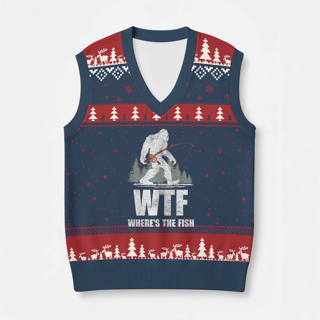 WTF Where's The Fish V-Neck Knit Sweater Vest Funny Fishing Gifts Bigfoot Sasquatch TS10 Navy Red Print Your Wear