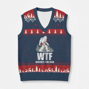 WTF Where's The Fish V-Neck Knit Sweater Vest Funny Fishing Gifts Bigfoot Sasquatch TS10 Navy Red Print Your Wear