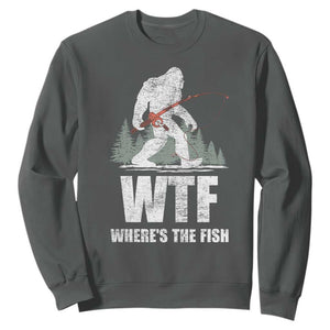 WTF Where's The Fish Sweatshirt Funny Fishing Gifts Bigfoot Sasquatch TS10 Dark Heather Print Your Wear